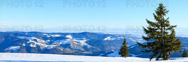 View from the snow-covered summit of the Belchen to mountain ranges and alpine chain Black Forest