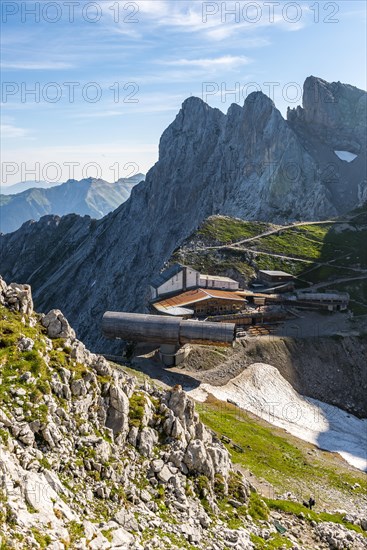 View of Karwendel mountain restaurant and Karwendelbahn mountain station