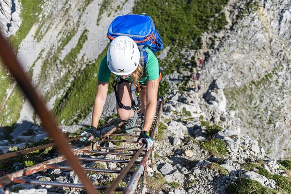 Mountaineer on a fixed rope route descends via ladder