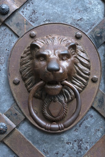 Lion's head as door knocker at the entrance gate of Rabenstein Castle