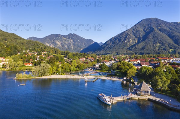 Passenger boat at the landing stage and open-air swimming pool Rottach-Egern at Lake Tegernsee