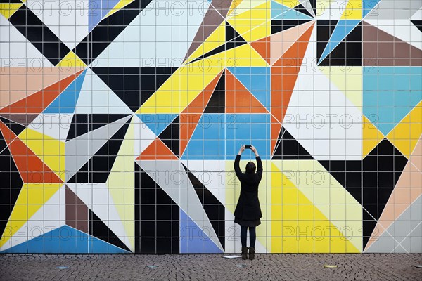 A woman photographs the mural Hornet