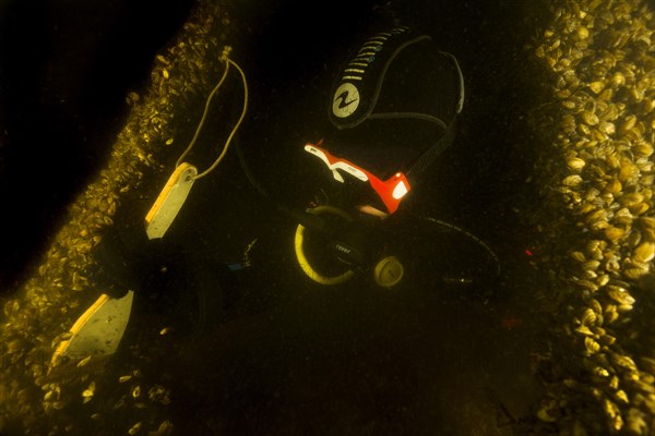 Diver cleans historical shipwreck Chaika of clams