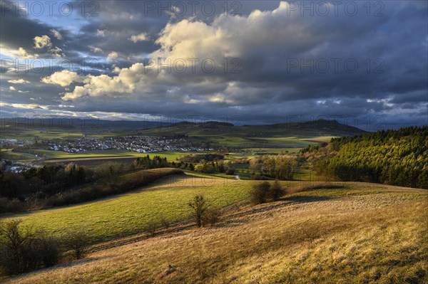 Hilly landscape in Hegau with the municipality of Hilzingen