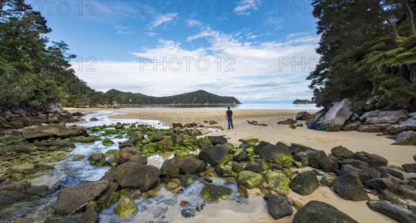 Young man standing on beach with moss-covered rocks