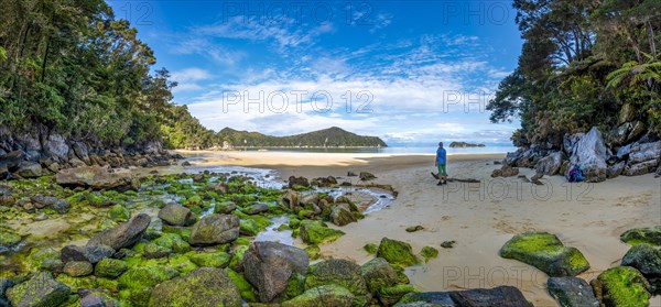 Young woman standing on beach with moss-covered rocks