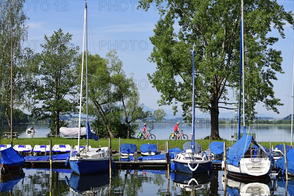 Couple with electric bikes in the port of Matzing on Lake Wallersee