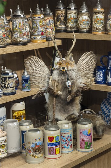 Bavarian souvenirs beer mugs and Wolpertinger