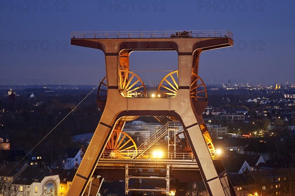 Illuminated winding tower of the Zeche Zollverein Shaft XII