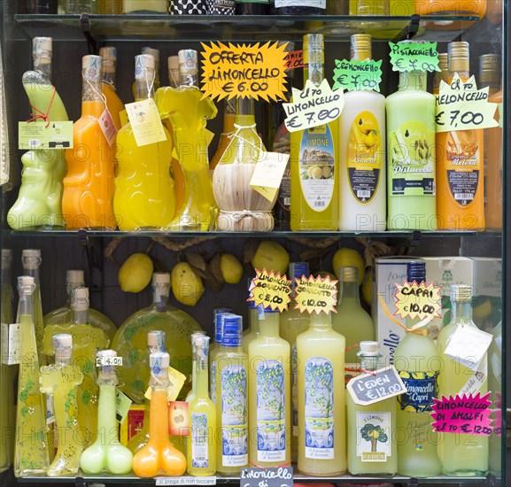 Limoncello liquor in souvenir bottles on display