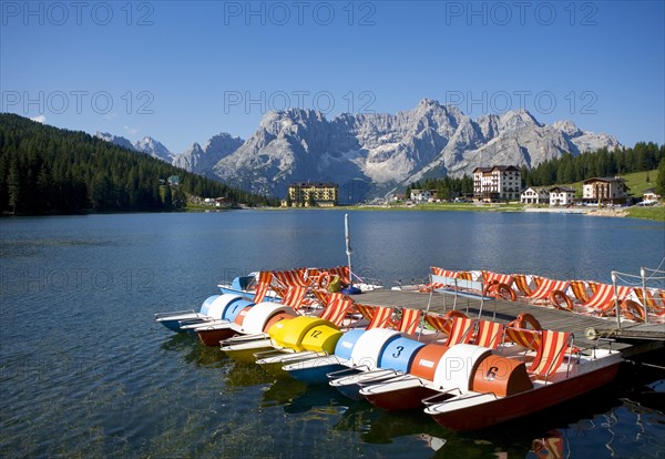 Pedal boats at Lake Misurina with Sorapiss mountain group