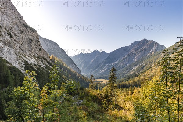 View of the Karwendel valley with the mountain peaks Karwendelspitze and Hochkarspitze