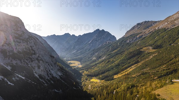 View of the Karwendel valley with the mountain peaks Karwendelspitze and Hochkarspitze