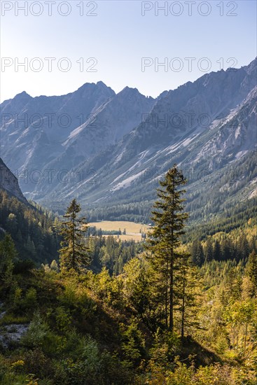 View of the Karwendel valley with the mountain peaks Karwendelspitze and Hochkarspitze