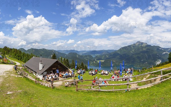 Larch hut on the Zwoelferhorn with views of the Schafberg and Wolfgangsee