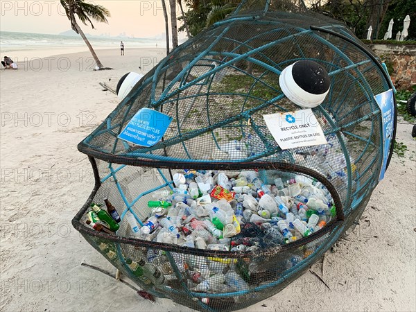 Collection of plastic waste at the beach of Hua Hin