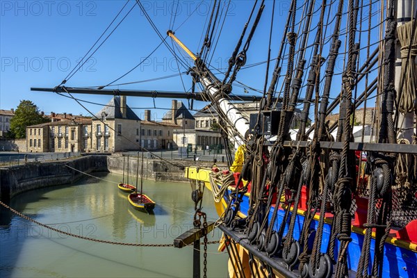 Replica of French frigate l'Hermione in her dock at the Arsenal of Rochefort