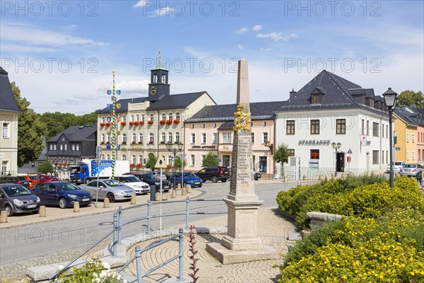 Market place with town hall and post column