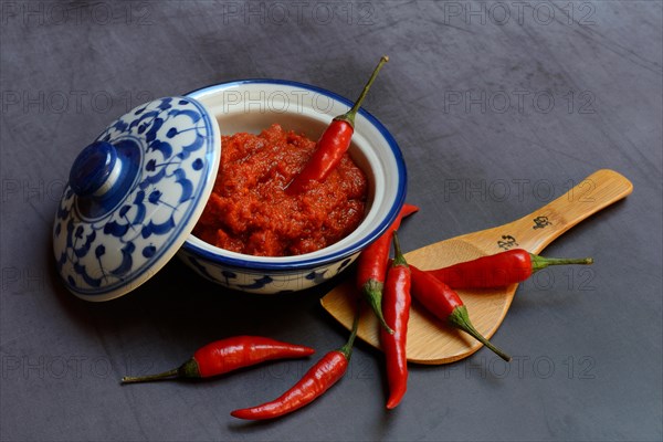 Red Thai curry paste in a bowl and red chilli peppers