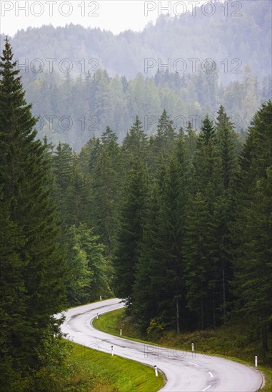 Curvy mountain road in the rain near Mariazell