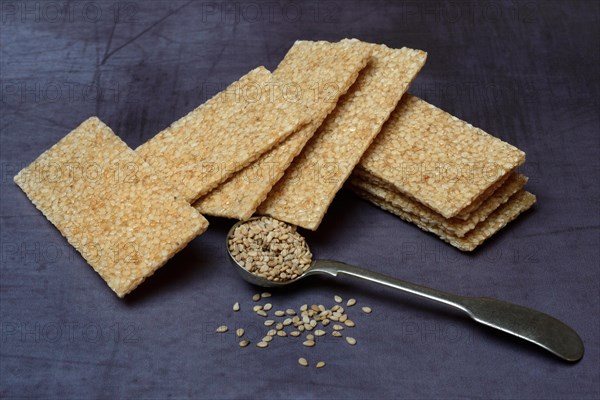 Sesame bar and sesame seeds in spoon