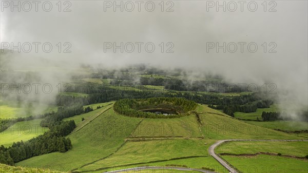 Green overgrown volcanic crater covered with fog