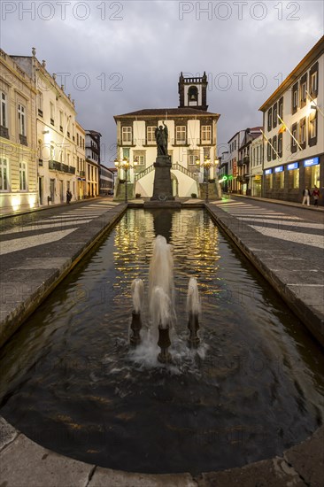 The town hall of Ponta del Gada with fountain in the evening