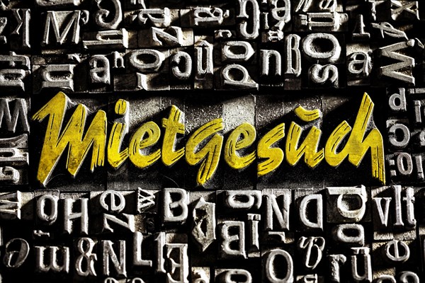 Old lead letters with golden writing show the word Mietgesuch
