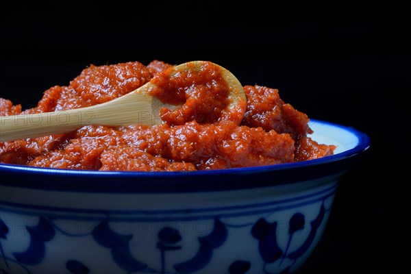 Red Thai curry paste with spoon in bowl