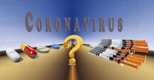 Digital Composing, pills and syringes with question mark, symbolic picture Medicines and vaccine against coronavirus