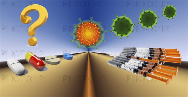 Digital Composing, pills and syringes with question mark, symbolic picture Medicines and vaccine against coronavirus