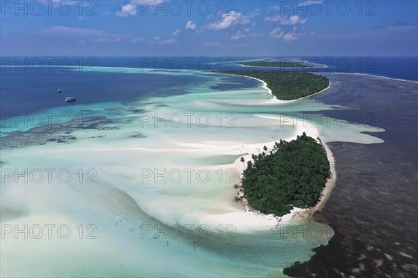 Uninhabited chain of islands with a wide sandbank on the eastern outer reef