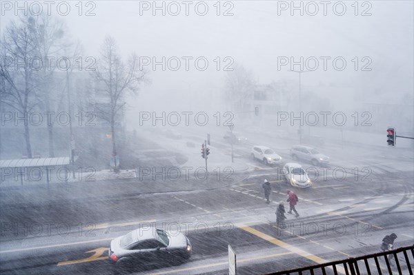 Snowstorm at road junction