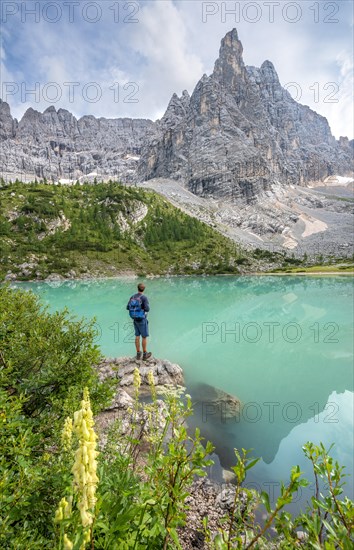 Young man hiker at the turquoise-green Sorapis lake with flowers