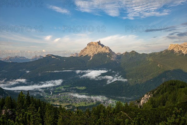 View of the valley with the village of San Vito di Cadore and the peak of Monte Pelmo