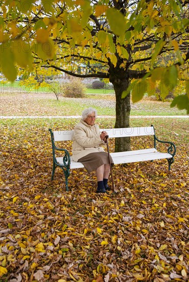 Senior citizen sitting on a park bench in autumn