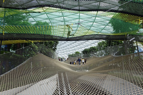 Visitors walk along airy paths made of nets in Canopy Park