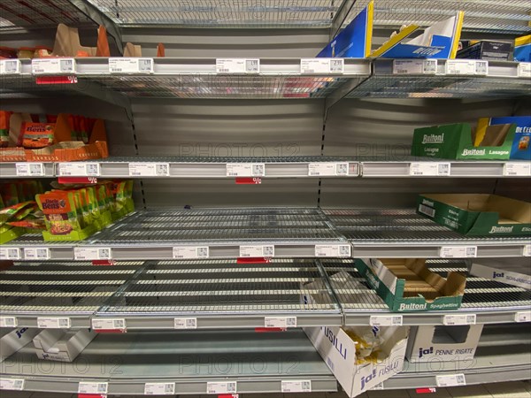 Empty shelf for noodles in the supermarket
