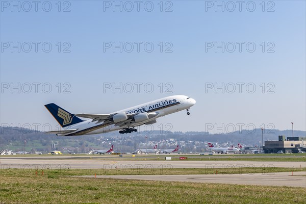 Singapore Airlines' Airbus A380-800 takes off from Zurich Airport