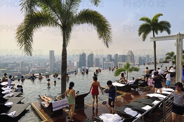 City view with tourists at the Infinity Pool of Marina Bay Sands Hotel