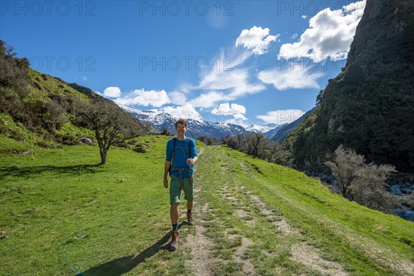 Hiker on trail to Rob Roy Glacier