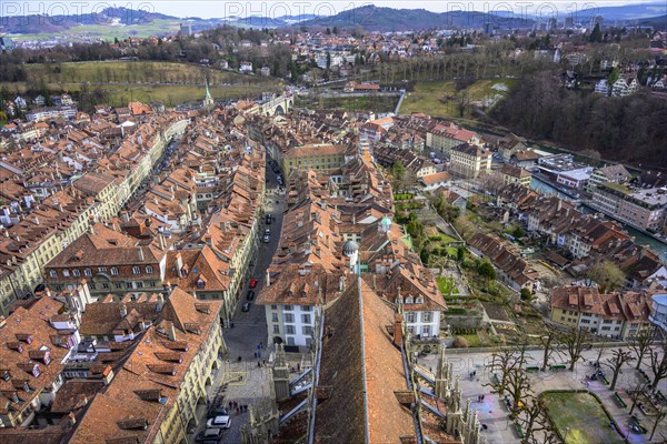 View from Bern Cathedral to the red tiled roofs of the houses in the historic centre of the old town