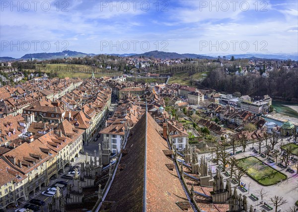 View from Bern Cathedral to the red tiled roofs of the houses in the historic centre of the old town