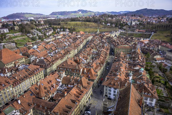 View from Bern Cathedral to the red tiled roofs of the houses in the historic centre of the old town