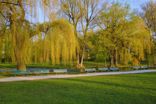 Deserted park benches at the Schwabinger Bach