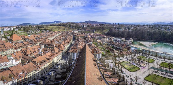 View from Bern Cathedral to the red tiled roofs of the houses in the historic centre of the old town