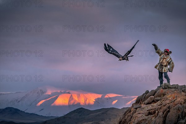 Mongolian eagle hunter with launching eagle on rock