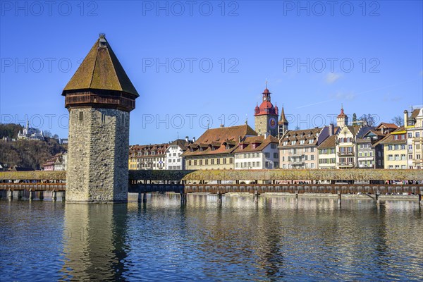 Panoramic view over the river Reuss to the Chapel Bridge and Water Tower