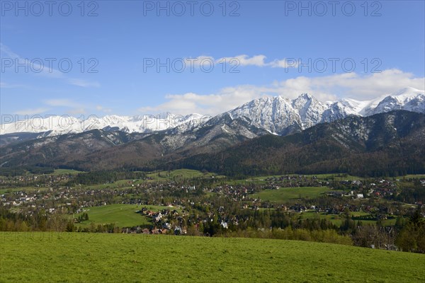 View of Zakopane and snowy mountains of the High Tatras