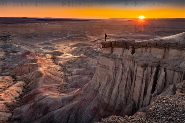 Tourist standing on rock formation Tsagaan Suvarga